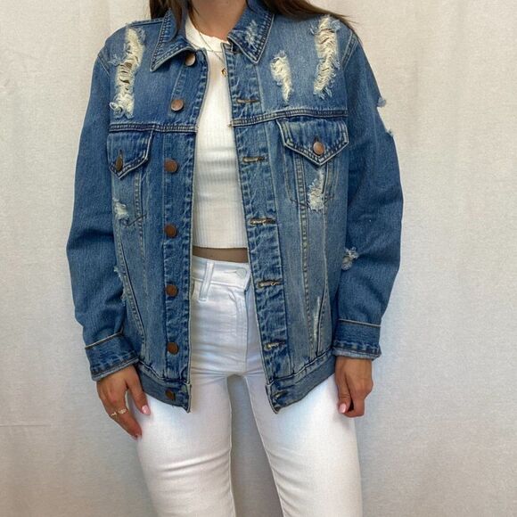Tobi Oversized Distressed Blue Denim Jean Jacket - Picture 2 of 12